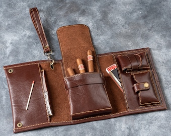 Cigar Case, Leather Cigar Pouch, Handmade Cigar Roll with Handle, Cigar Bag For Traveling, First Anniversary Gift - Gift For Him