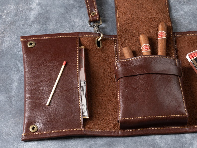 Cigar Case, Leather Cigar Pouch, Handmade Cigar Roll with Handle, Cigar Bag For Traveling, First Anniversary Gift Gift For Him image 3