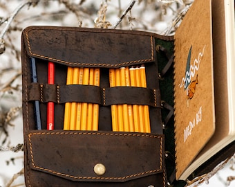 Personalisiertes Skizzenbuch mit Stiften und Ledereinband, Weihnachtsgeschenke, Skizzenbuch personalisiert nach Namen, Skizzenbuch zum Zeichnen