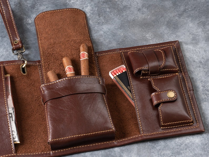 Cigar Case, Leather Cigar Pouch, Handmade Cigar Roll with Handle, Cigar Bag For Traveling, First Anniversary Gift Gift For Him image 2