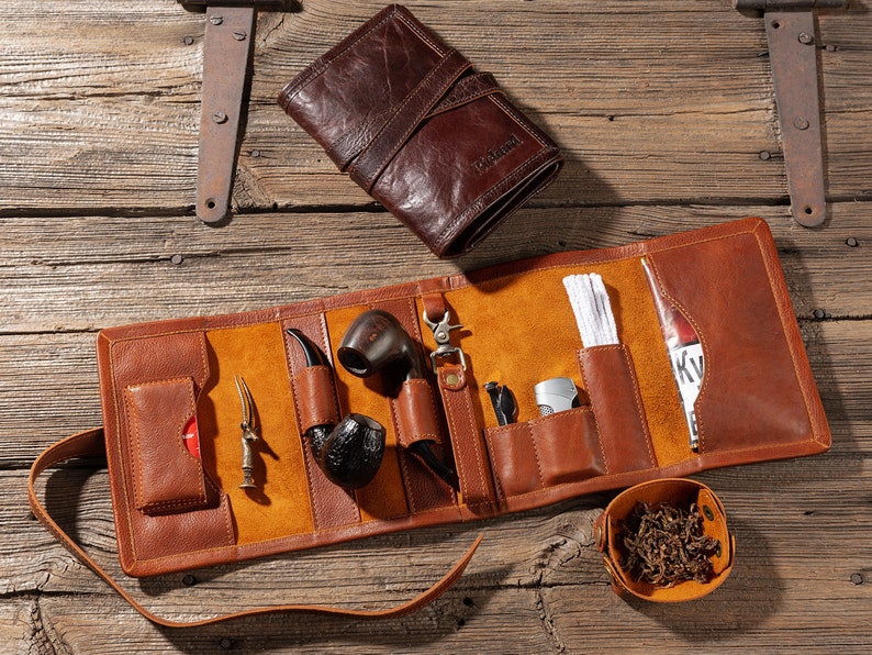 leather case for pipe smokers set, personalized pipe holder, anniversary gifts, pipe pouch travel tobacco pipe bags, pipe accessories pouch image 9