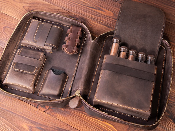 Premium Leather Travel Humidor & Accessories Tote