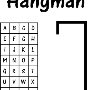May include: A black and white Hangman game board. The word "Hangman" is written in large, bold letters at the top. Below the word is a grid of letters, and a gallows outline is on the right.