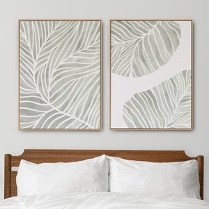 Set of 2 Sage green abstract leaf wall art, watercolor plant prints, bedroom wall art