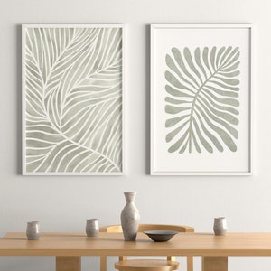 Set of 2 Sage green abstract mid century leaves wall art, watercolor botanical art prints, bedroom wall art