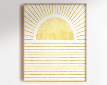 Arte de pared digital de sol geométrico amarillo, impresión abstracta del amanecer