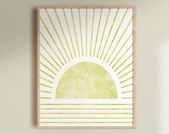 Geometry sunshine line art printable, modern sunrise digital wall art, chartreuse sun poster