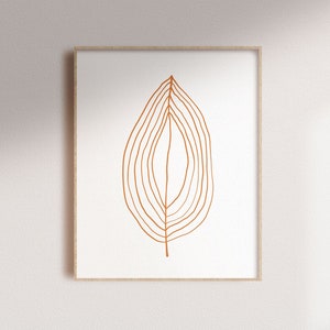 Minimal line art leaf digital print, neutral wall decor, simple nature illustration