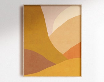 Maximalist ochre mountain landscape digital art print, colorful desert scenery poster