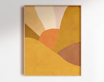 Ochre abstract sunset digital art print, Ombre mountain scenery poster, modern boho printable wall decor