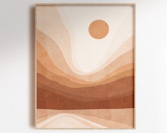 Rustic Boho mountain sun digital print, neutral abstract landscape printable wall art