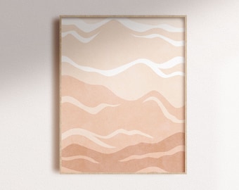 May include: Abstract art print with a beige, brown, and white colour scheme. The print features a wavy, layered design reminiscent of mountains or sand dunes.