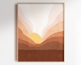Orange & yellow sunset digital art, Abstract ombre mountain landscape print, boho printable wall decor