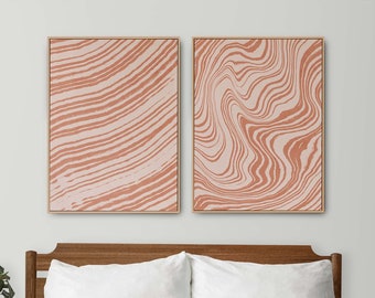 Set of 2 Liquid lines pattern wall art, rust & pink bedroom print set of two, earthy poster duo