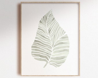 Green watercolor leaf print, tropical plant poster, contemporary illustration