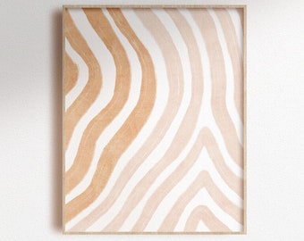May include: A framed abstract print with a wavy, striped pattern in shades of beige and white.