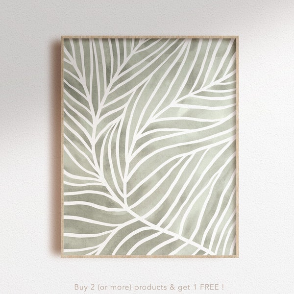 Sage green leaf detail print, abstract watercolor shapes wall art, botanical pattern poster