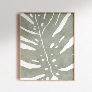 Abstract leaf print, sage green monstera leaf poster, Watercolor plant illustration