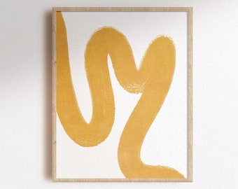 Abstract yellow line art heart print, Mustard doodle wall art, minimalist printable gift