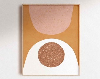 Geometric shapes wall art, Pink & orange Mid century print, boho aesthetic art