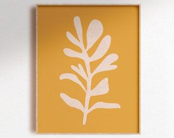 Gele bladafdruk, abstracte botanische digitale muurkunst, bohoposter