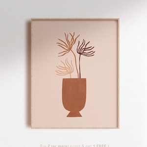 Impresión digital de jarrón boho abstracto, cartel floral neutro, arte de pared de ilustración de planta simple
