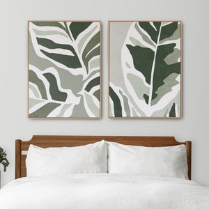 Set of 2 plant leaf wall art, green & gray abstract leaves prints, bedroom poster duo