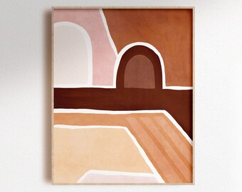 Abstracte architectuur aardetint digitale muurkunst, thuiskantoor poster, boho wanddecor