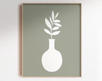 Sage green abstract flower vase digital art print, modern illustration, contemporary wall art by Nunu Print shop