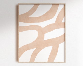 May include: Abstract art print with a white background and brown lines. The print is framed in a light wood frame.
