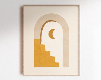 Neutral yellow abstract architecture digital art print, boho moon printable poster, summer night illustration
