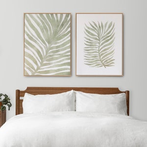 Set of 2 Green watercolor leaf wall art, calming bedroom print duo