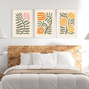Maximalist floral wall art set of 3, Retro botanical trio, cute Nature wall art
