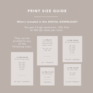 May include: A print size guide for digital downloads. The guide shows five different file sizes for printing, including international paper sizes like A1, A2, A3, A4, and A5. The guide also includes common print sizes like 18x24 inches, 16x20 inches, and 24x36 inches. The guide is written in English and includes both inches and centimeters.