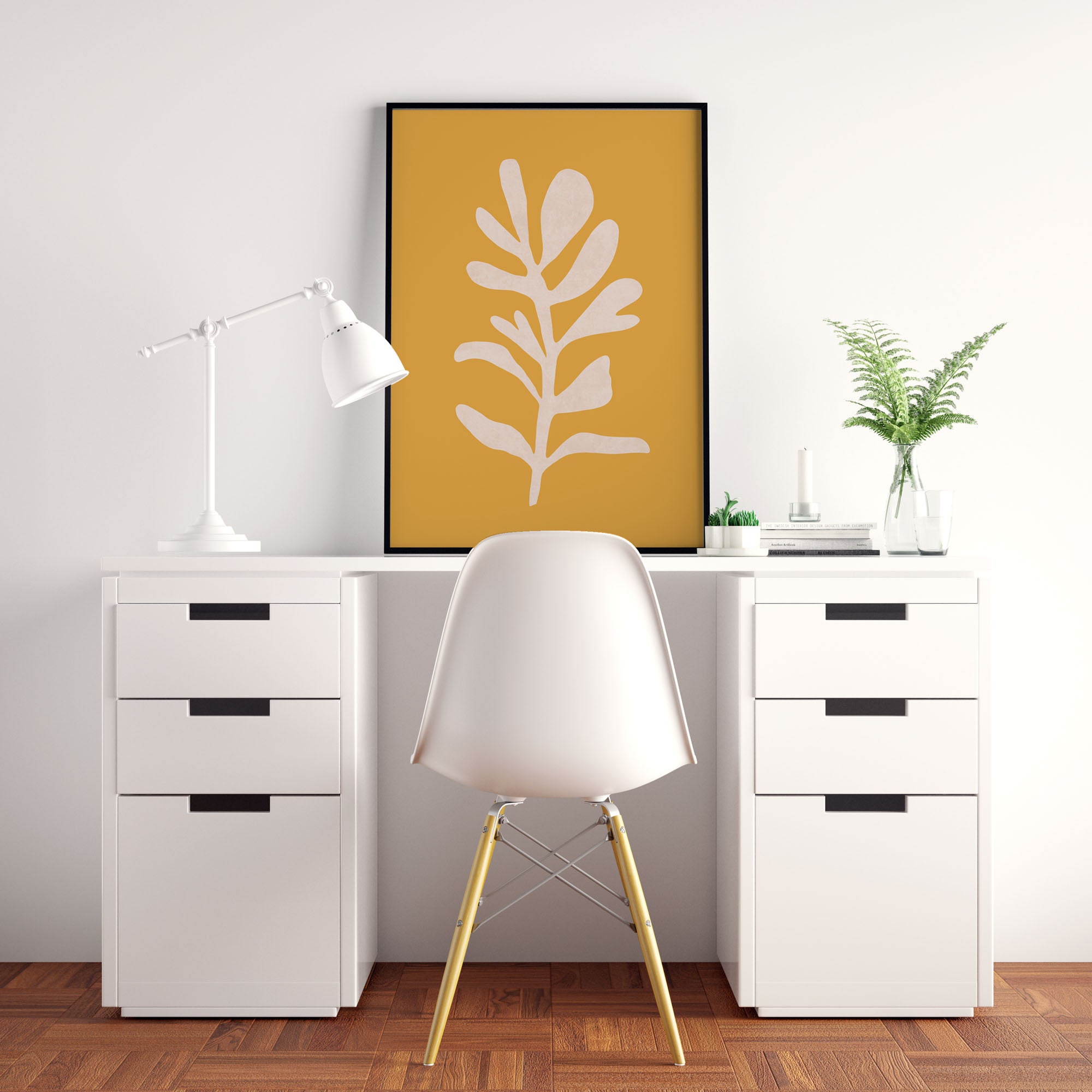 その他 K Yellow Leaf Print, Abstract Botanical Digital Wall Art, Boho