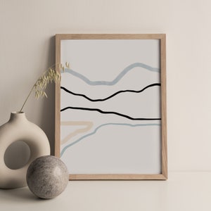 Blue & black japandi landscape print, abstract line art poster, minimalist wall art