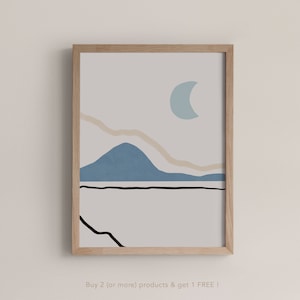 Blue moon landscape print, abstract japandi line art poster, minimalist mountain sky illustration