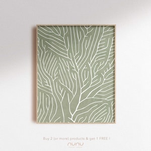 Green coral line art print, Sage green leaf detail wall art, minimalist botanical pattern by NunuPrintShop