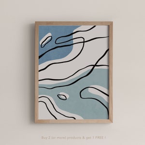 Blue monstera leaf line art print, abstract tropical wall decor, simple minimalist poster