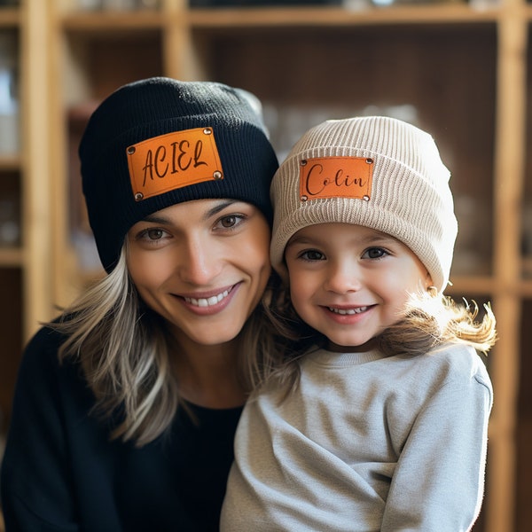 Custom Beanies for Baby Kids Adult,Leather Patch Beanie, Newborn Beanies, Infant Beanie, Toddler Beanie, Personalized Baby Beanie