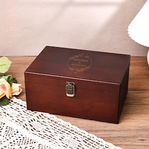 Engraved Wooden Keepsake Box, Floral Border & Couple’s Names, Engagements, Anniversaries – Perfect for Storing Love Letters/Memories