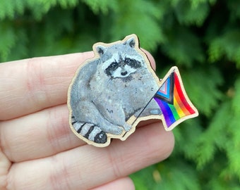 Progress Pride Raccoon Wooden Pin Badge | LGBTQ, Queer Art, Pride Flag Art, Cottagecore Illustration, Goblincore Animal, Sustainable Gift