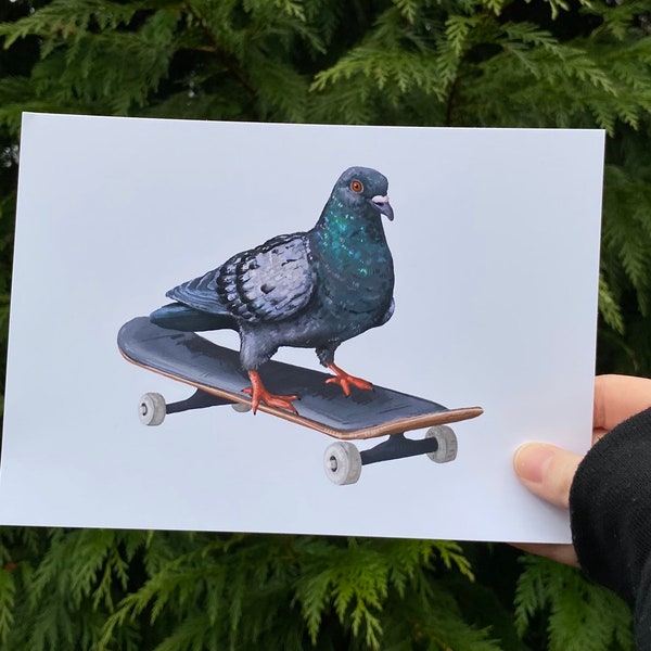 Skateboard Pigeon Art Print | Bird Drawing, Nature illustration, Bird Lover, Skater Gift | Eco Friendly Gift | Goblincore
