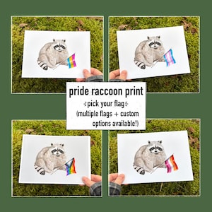 Raton laveur tenant le drapeau de la fierté LGBTQ A5 Impression artistique