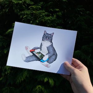 Gaming Graue Tuxedo Katze Kunstdruck | Tierportrait, Gamer Geschenk, Tierliebhaber Kunst, Haustier Besitzer Geschenk, Katzen Illustration, Albernes Kunstwerk
