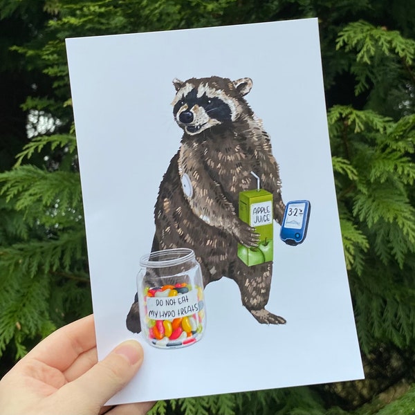 Diabetic Hypo Raccoon Art Print | Diabetes, Hypoglycaemia Snack, Low Juice, Freestyle Libre, Dexcom, Finger Prick | Goblincore