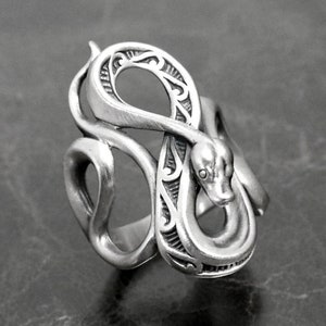 Op de afbeelding: Zilveren ring met een gedetailleerd slangendesign, de slang is gekruld in een oneindigheidssymbool.