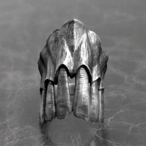 May include: A silver ring with a detailed design of a set of teeth and gums.