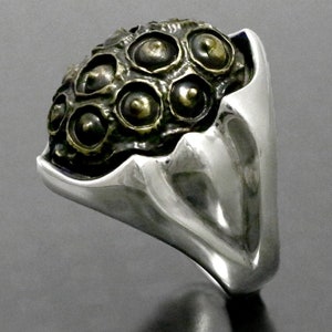 May include: A silver ring with a unique design. The ring features a textured, dark bronze-colored top with multiple circular indentations. The band of the ring is smooth and polished silver, creating a striking contrast. The ring's design is artistic and eye-catching.