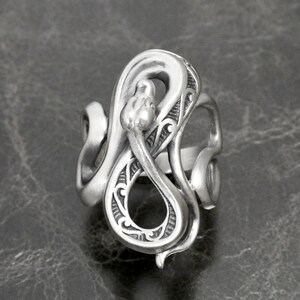 Op de afbeelding: Zilveren ring met een gedetailleerd slangendesign. De slang is om zichzelf gekruld, waardoor een cirkel ontstaat. De ring is gemaakt van metaal en heeft een gepolijste afwerking.